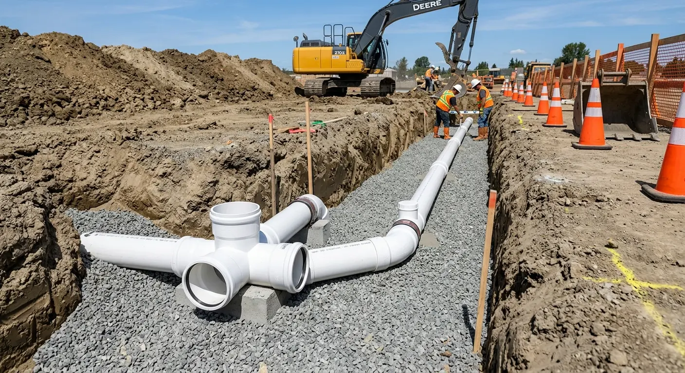New PVC sewer pipe installation in open trench for Commercial Drain Cleaning in New Smyrna Beach