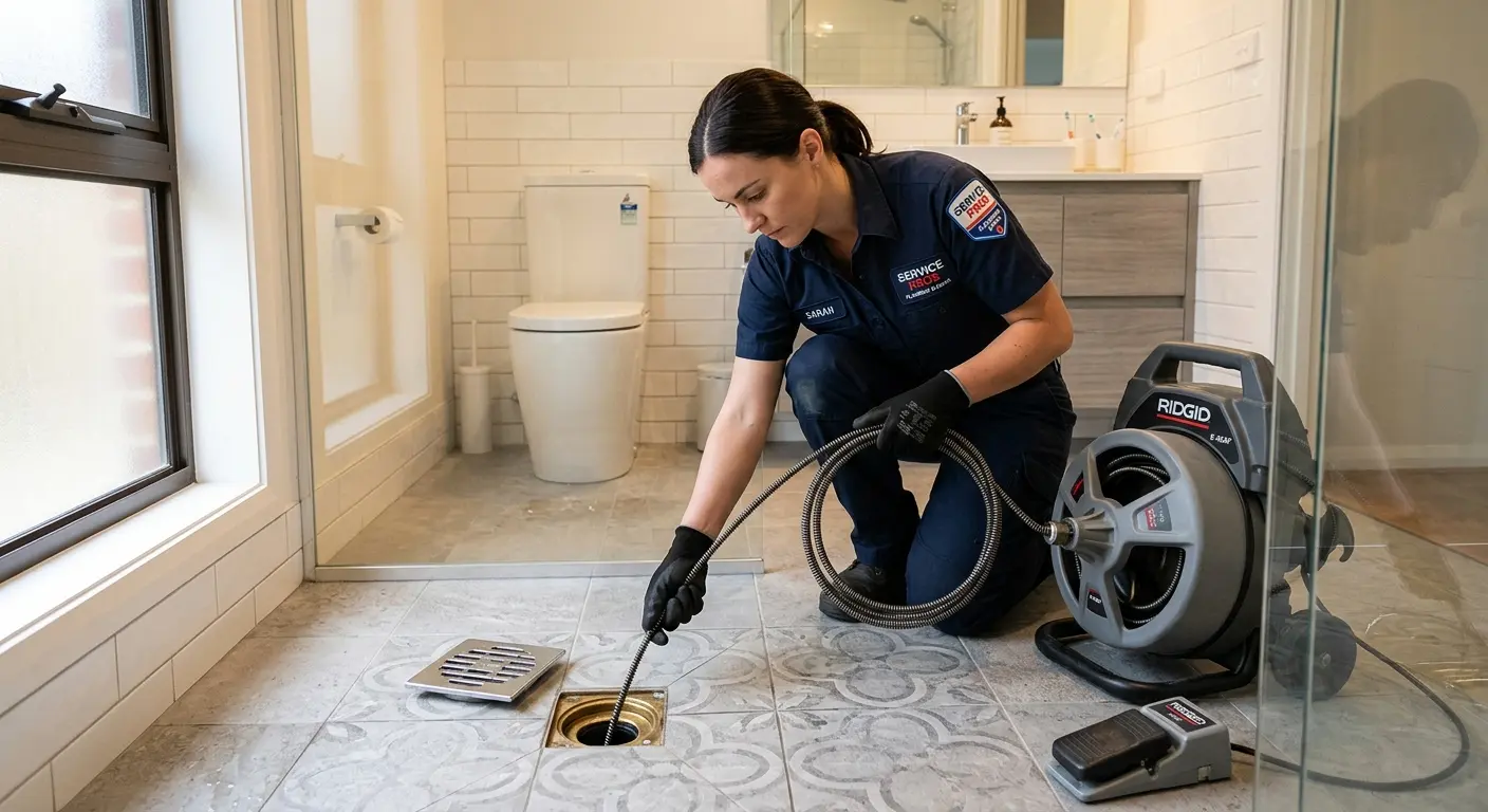 Technician clearing a bathroom floor drain for Sewer Line Replacement in New Smyrna Beach